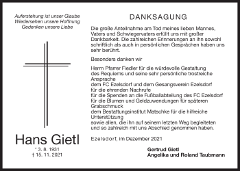 Traueranzeige von Hans Gietl von Der Bote