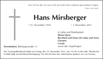 Traueranzeige von Hans Mirsberger von Pegnitz-Zeitung