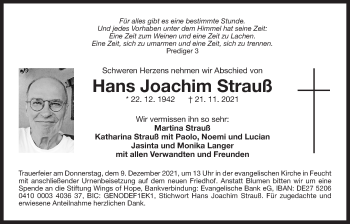 Traueranzeige von Hans Joachim Strauß von Der Bote