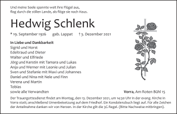 Traueranzeige von Hedwig Schlenk von Hersbrucker Zeitung
