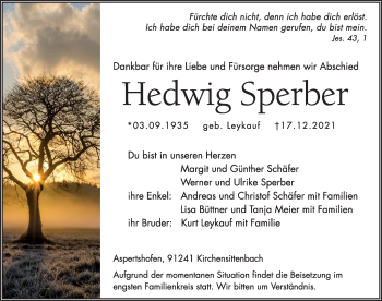 Traueranzeige von Hedwig Sperber von Hersbrucker Zeitung