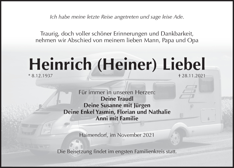  Traueranzeige für Heinrich Liebel vom 01.12.2021 aus Pegnitz-Zeitung