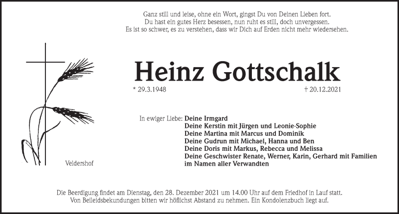  Traueranzeige für Heinz Gottschalk vom 24.12.2021 aus Pegnitz-Zeitung