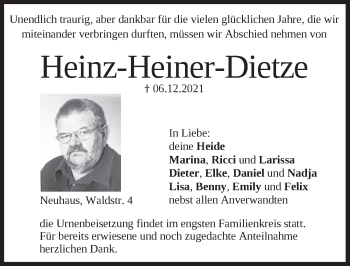 Traueranzeige von Heinz-Heiner Dietze von Hersbrucker Zeitung