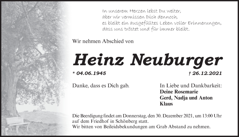  Traueranzeige für Heinz Neuburger vom 29.12.2021 aus Pegnitz-Zeitung