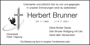 Traueranzeige von Herbert Brunner von Hersbrucker Zeitung