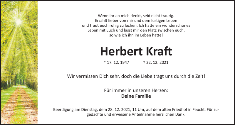  Traueranzeige für Herbert Kraft vom 24.12.2021 aus Der Bote