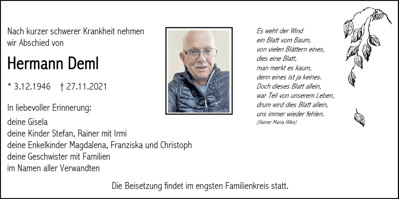  Traueranzeige für Hermann Deml vom 01.12.2021 aus Der Bote