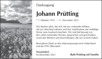Traueranzeige von Johann Prütting von Pegnitz-Zeitung