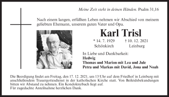 Traueranzeige von Karl Trisl von Der Bote