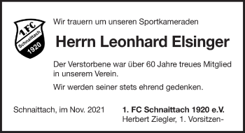 Traueranzeige von Leonhard Elsinger von Pegnitz-Zeitung