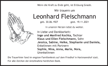 Traueranzeige von Leonhard Fleischmann von Hersbrucker Zeitung