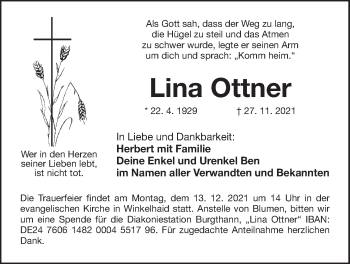 Traueranzeige von Lina Ottner von Der Bote