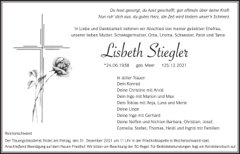 Traueranzeige von Lisbeth Stiegler von Hersbrucker Zeitung