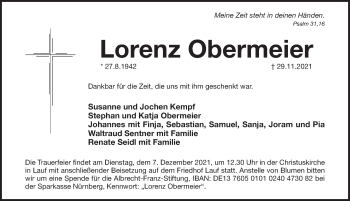 Traueranzeige von Lorenz Obermeier von Pegnitz-Zeitung