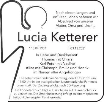 Traueranzeige von Lucia Ketterer von Hersbrucker Zeitung