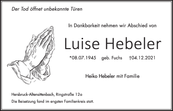 Traueranzeige von Luise Hebeler von Hersbrucker Zeitung