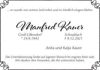 Traueranzeige von Manfred Kauer von Pegnitz-Zeitung