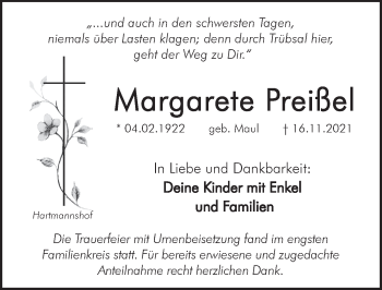 Traueranzeige von Margarete Preißel von Hersbrucker Zeitung