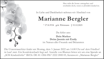 Traueranzeige von Marianne Bergler von Pegnitz-Zeitung