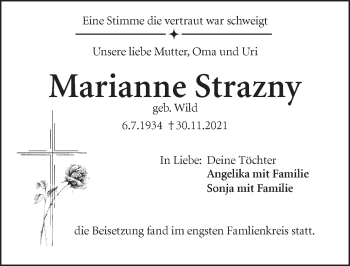 Traueranzeige von Marianne Strazny von Hersbrucker Zeitung