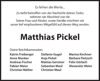 Traueranzeige von Matthias Pickel von Hersbrucker Zeitung