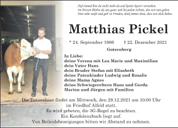 Traueranzeige von Matthias Pickel von Hersbrucker Zeitung