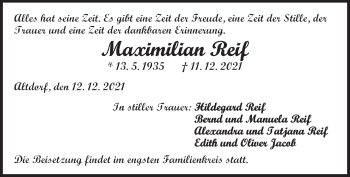Traueranzeige von Maximilian Reif von Der Bote