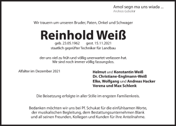 Traueranzeige von Reinhold Weiß von Hersbrucker Zeitung