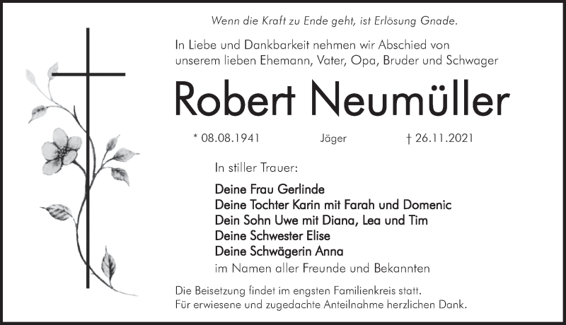  Traueranzeige für Robert Neumüller vom 01.12.2021 aus Hersbrucker Zeitung