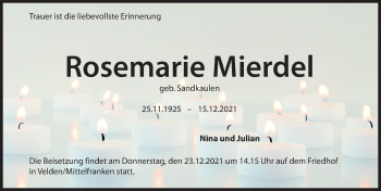 Traueranzeige von Rosemarie Mierdel von Hersbrucker Zeitung