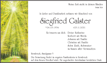 Traueranzeige von Siegfried Galster von Hersbrucker Zeitung