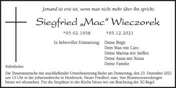 Traueranzeige von Siegfried Wieczork von Hersbrucker Zeitung