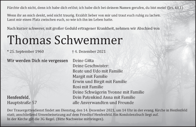  Traueranzeige für Thomas Schwemmer vom 11.12.2021 aus Hersbrucker Zeitung