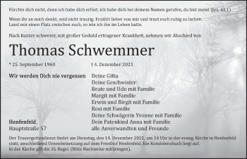 Traueranzeige von Thomas Schwemmer von Hersbrucker Zeitung