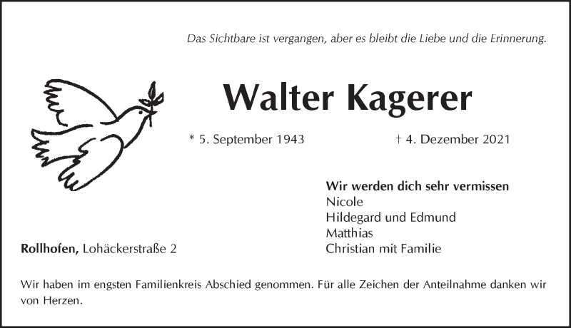  Traueranzeige für Walter Kagerer vom 23.12.2021 aus Pegnitz-Zeitung