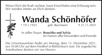 Traueranzeige von Wanda Schönhöfer von Pegnitz-Zeitung