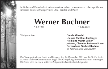 Traueranzeige von Werner Buchner von Der Bote
