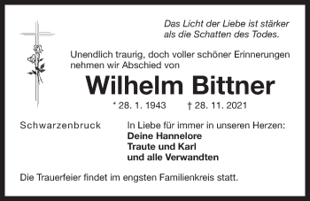 Traueranzeige von Wilhelm Bittner von Der Bote