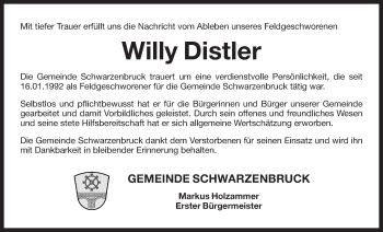 Traueranzeige von Willy Distler von Der Bote