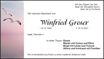 Traueranzeige von Winfried Greser von Pegnitz-Zeitung