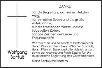 Traueranzeige von Wolfgang Barfuß von Hersbrucker Zeitung