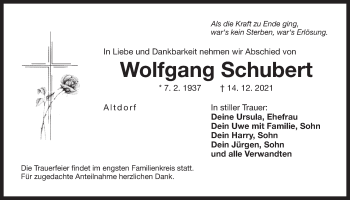 Traueranzeige von Wolfgang Schubert von Der Bote