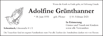 Traueranzeige von Adolfine Grünthanner von Pegnitz-Zeitung