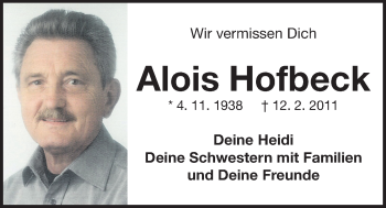 Traueranzeige von Alois Hofbeck von Der Bote