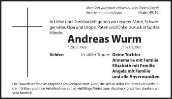 Traueranzeige von Andreas Wurm von Hersbrucker Zeitung