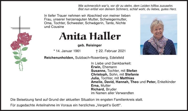  Traueranzeige für Anita Haller vom 26.02.2021 aus Hersbrucker Zeitung
