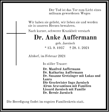 Traueranzeige von Anke Auffermann von Der Bote