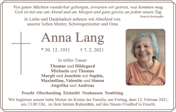 Traueranzeige von Anna Lang von Der Bote