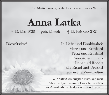 Traueranzeige von Anna Latka von Pegnitz-Zeitung